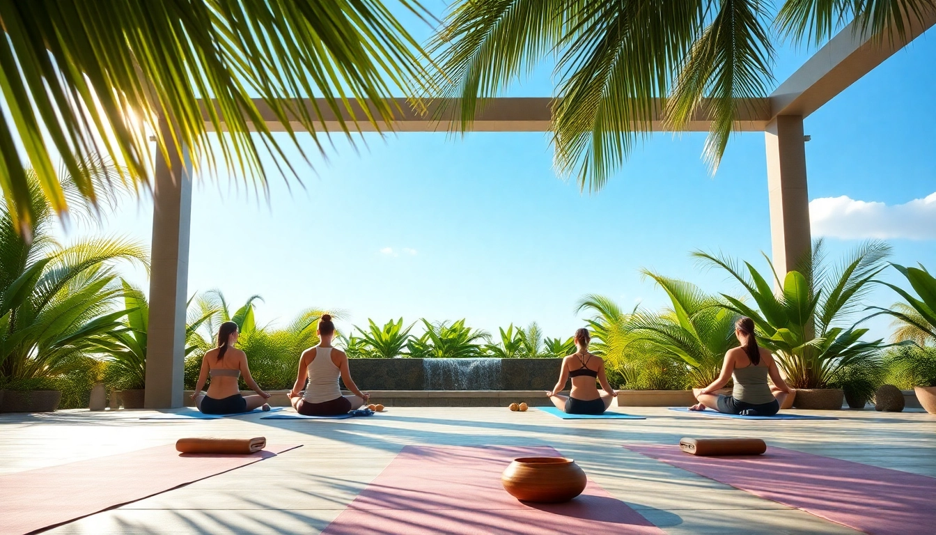 Participants enjoying a wellness retreat in Florida with outdoor yoga and tropical tranquility.