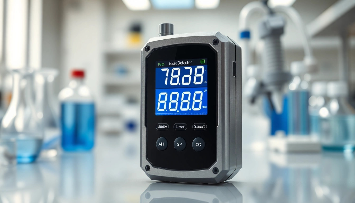 Hydrogen gas detector prominently displayed in a high-tech laboratory setting, showcasing its advanced features.
