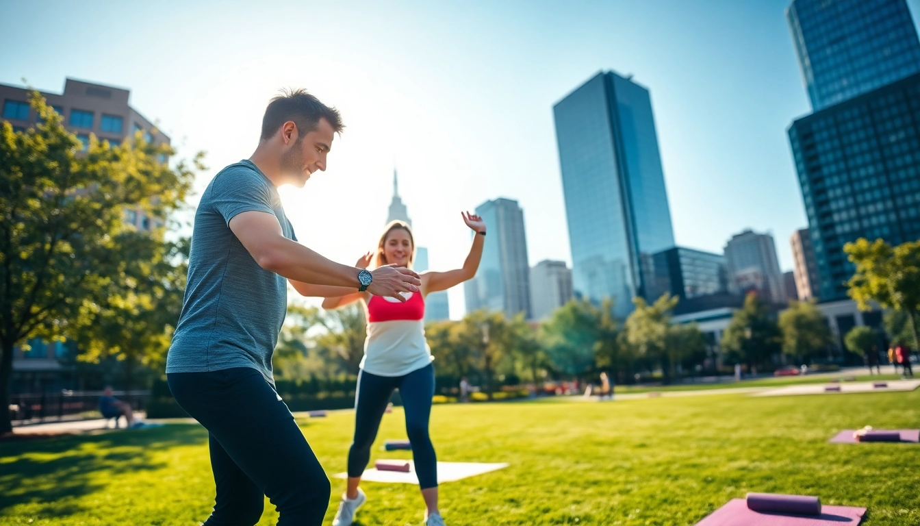 Personal Trainer Downtown Jersey City helping a client achieve fitness goals in a vibrant urban park.