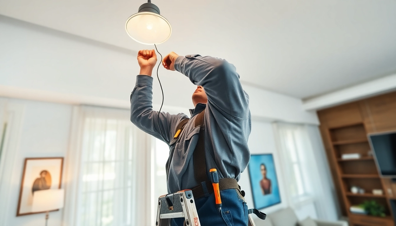 Electrician apprenticeship Hawaii: a skilled apprentice wiring a light fixture on a ladder.