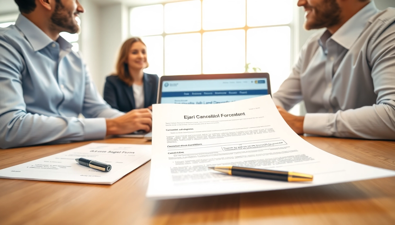 Tenants discussing ejari cancellation paperwork in a bright office setting.