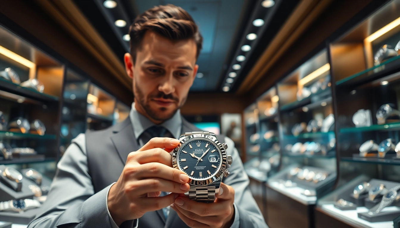 Sell luxury watch to a professional dealer in an upscale store with detailed focus.