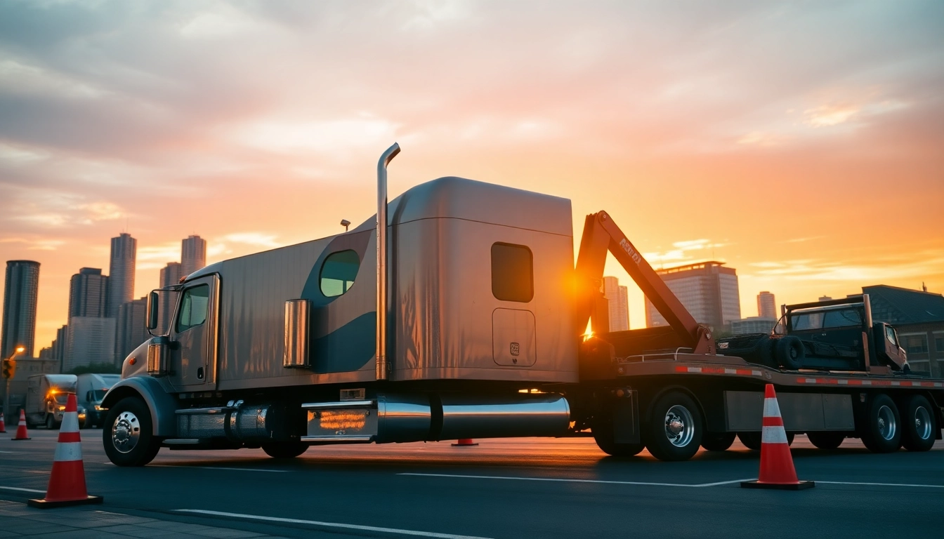 Towing service featuring 24 hour big rig towing with a professional tow truck in an urban backdrop.