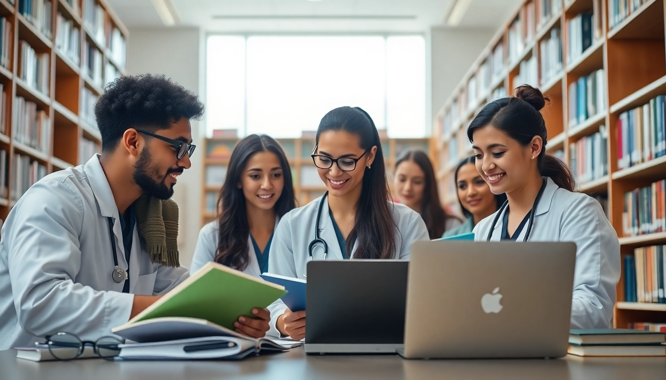 Medizinstudium ohne Aufnahmeprüfung in einer modernen Universitätsbibliothek mit aktiven Studenten.