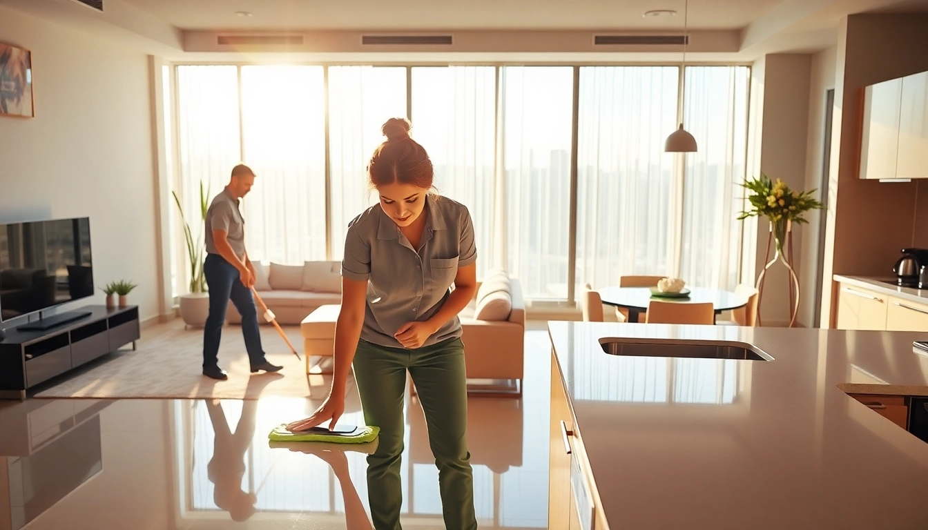 Bond cleaning Logan illustrated through professional cleaners transforming an apartment, ensuring a spotless finish.