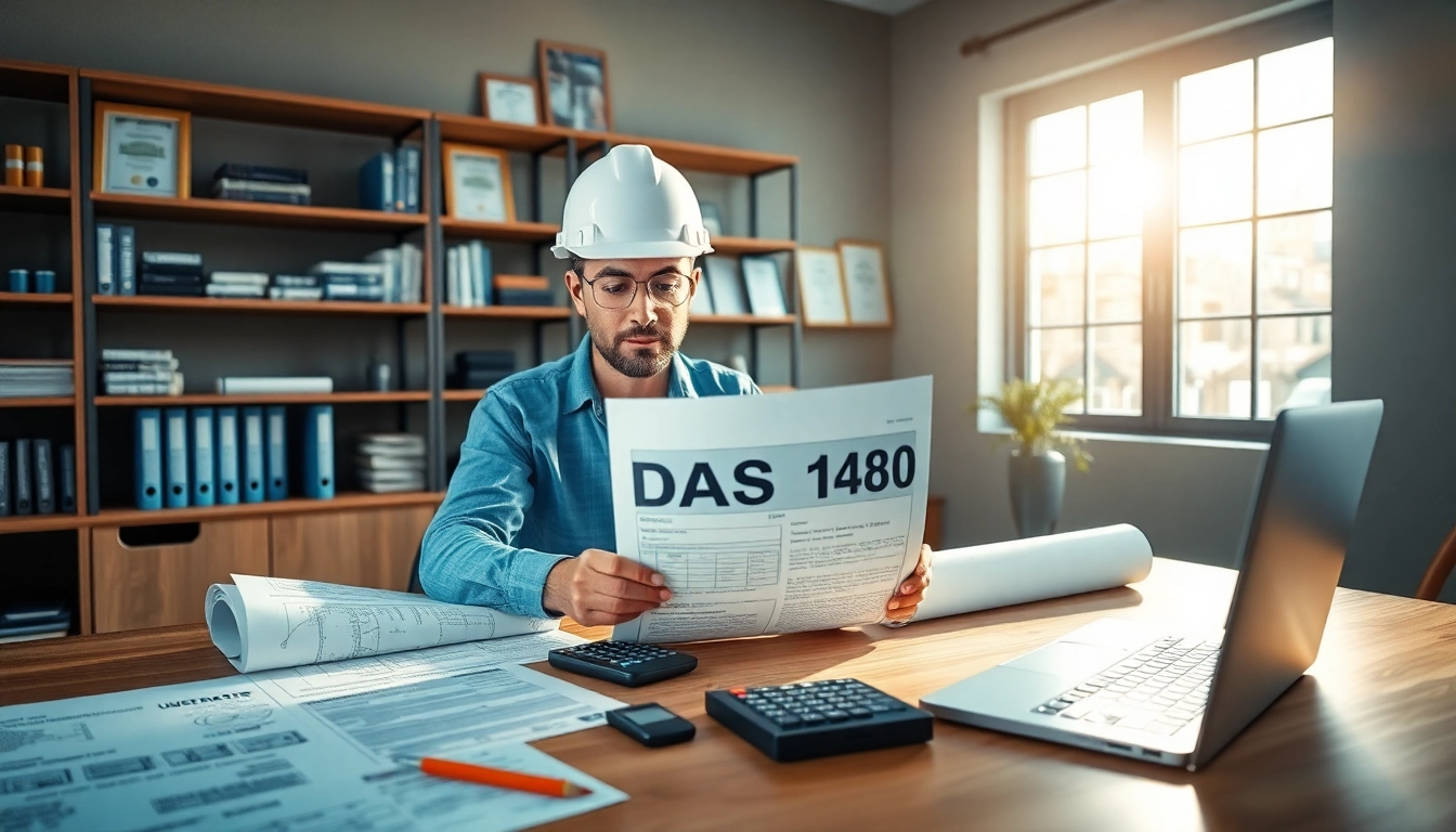 Contractor reviewing DAS 140 form in a professional office setting with documents and laptop.