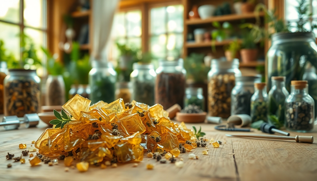 Crafting with Benjoin resin in a tranquil herbalist workspace filled with natural elements.