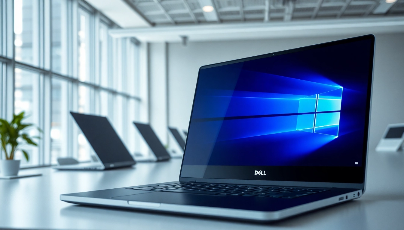 Comparar laptops dell en un entorno de oficina moderno, mostrando diseño elegante y pantallas vívidas.