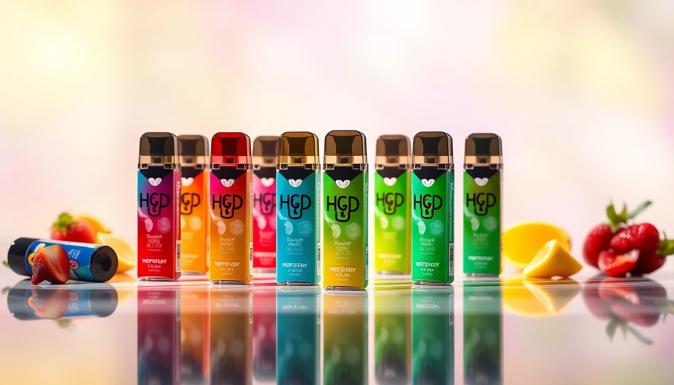 Verschiedene Hqd Pods in bunten Farben auf einem spiegelnden Tisch, die ihre Geschmacksrichtungen präsentieren.