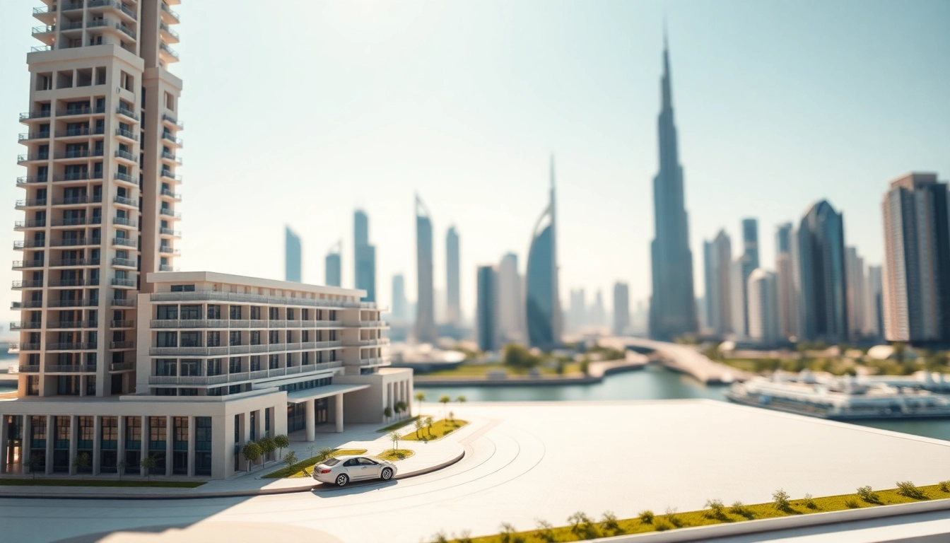 Showcase a real estate model Abu Dhabi highlighting architectural details and city skyline.