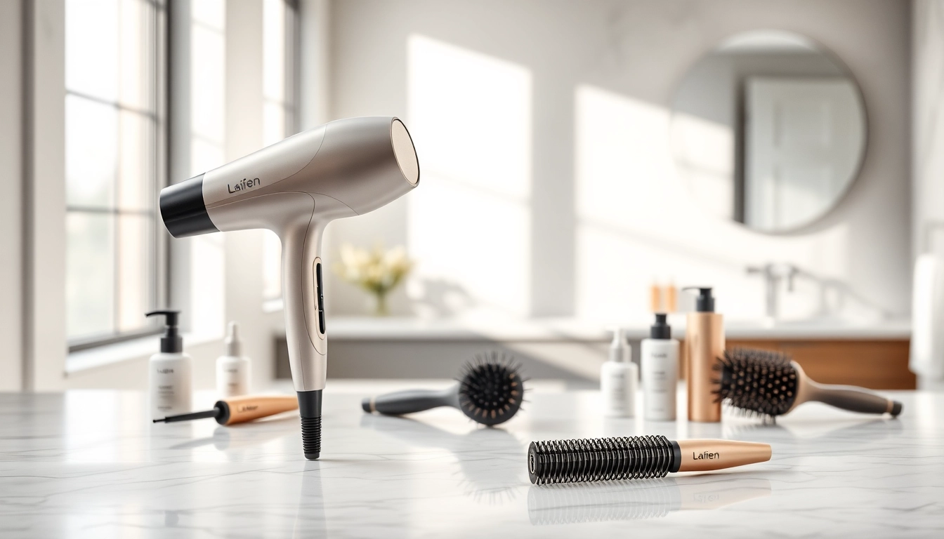 Showcasing the elegant Laifen hair dryer on a countertop surrounded by hair care products.