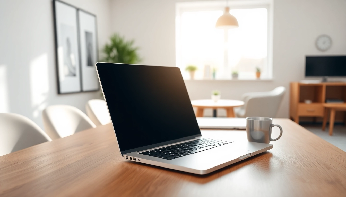 Αναδείξτε τον refurbished laptop σε σύγχρονο γραφείο με φυσικό φωτισμό και μινιμαλιστική διακόσμηση.
