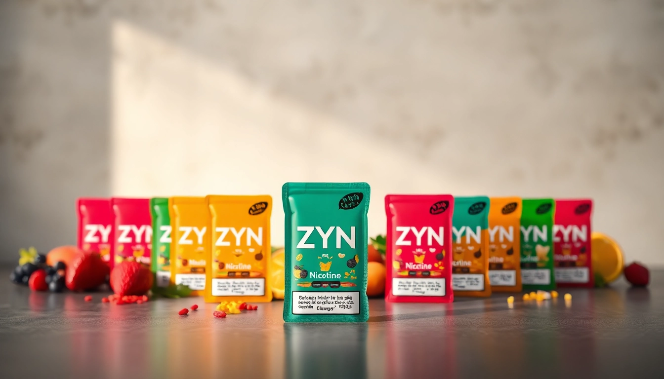 Showcase ZYN nicotine pouches with vibrant flavors displayed elegantly, inviting user engagement.