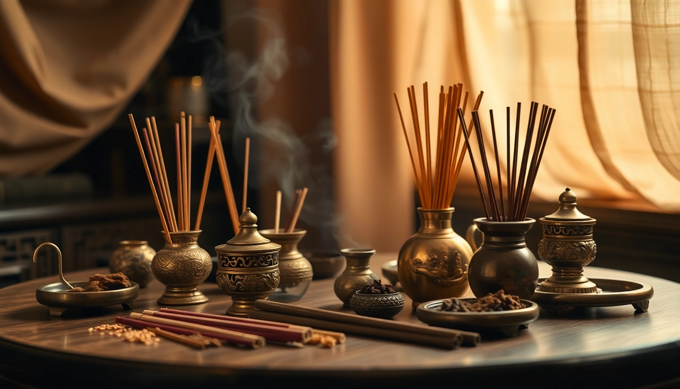 Profitez des incenses orientales disposées élégamment sur une table en bois avec une lumière chaleureuse.