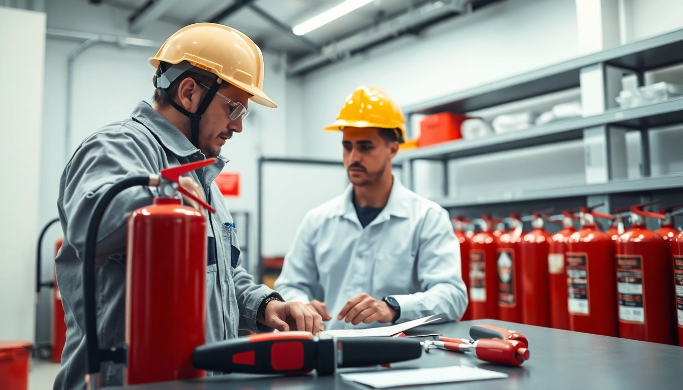 Technician performing fire extinguisher maintenance in a professional setting with essential tools.