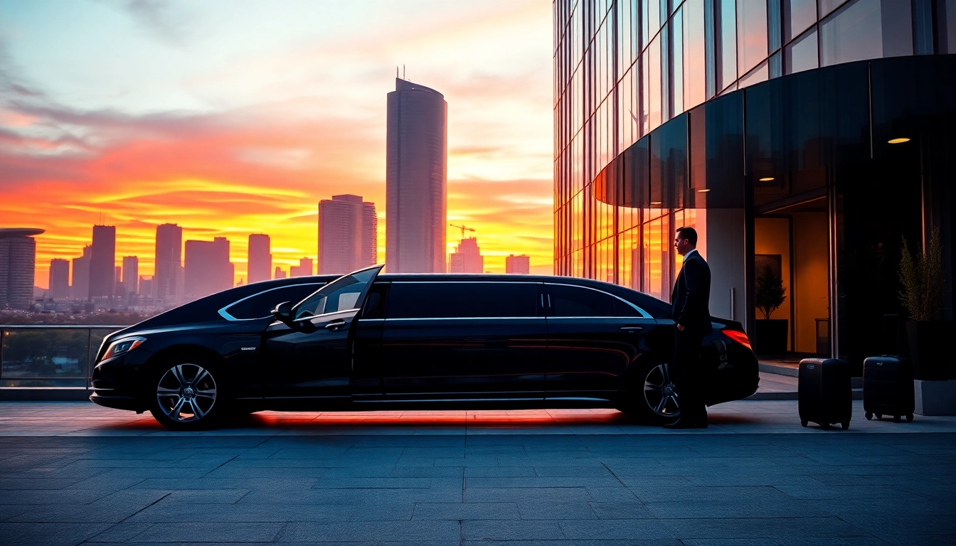 Airport limo service vehicle parked elegantly outside an upscale hotel with a stunning skyline.