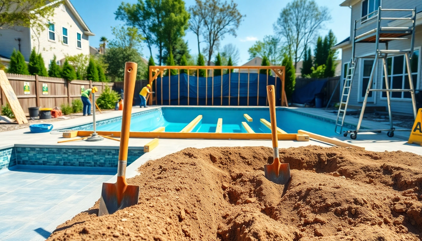 Workers engaged in pool construction, showcasing excavation and framing processes.