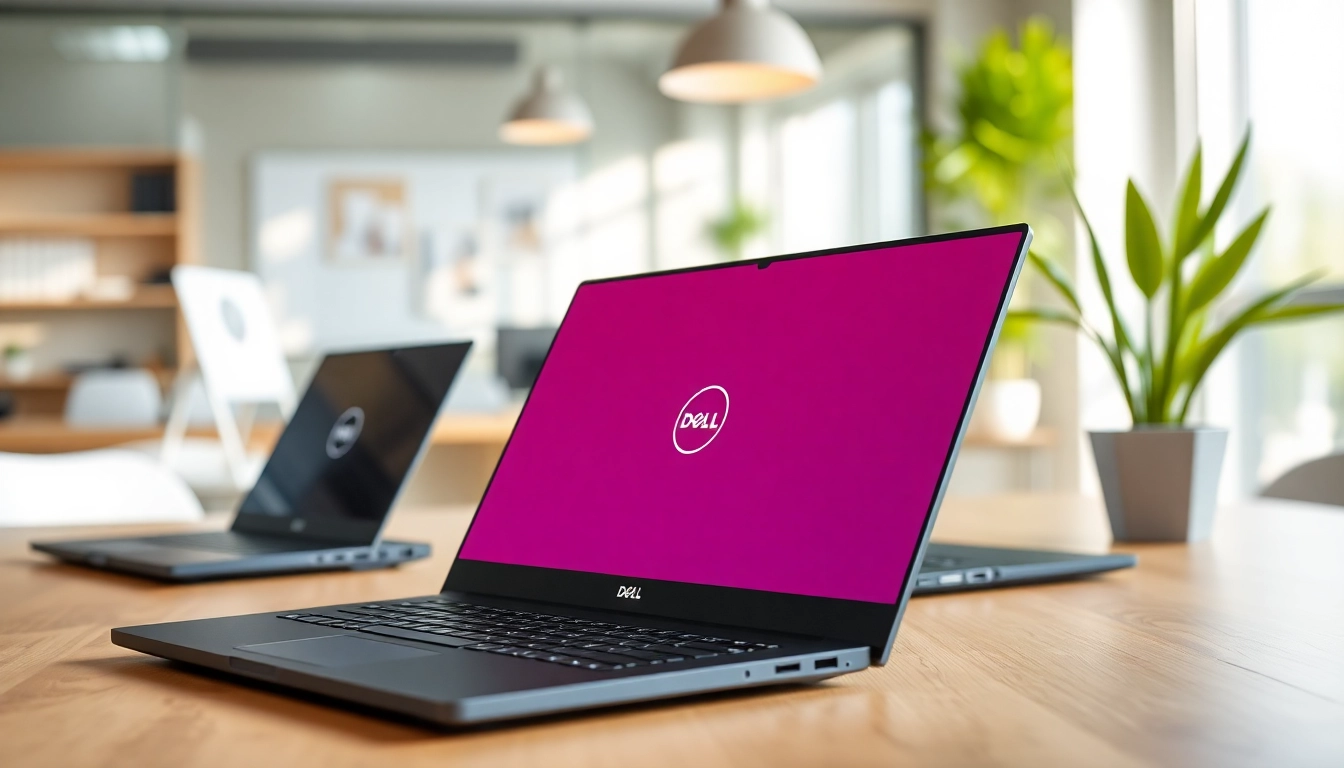 Ver laptops dell elegantes y modernos en un espacio de oficina vibrante.