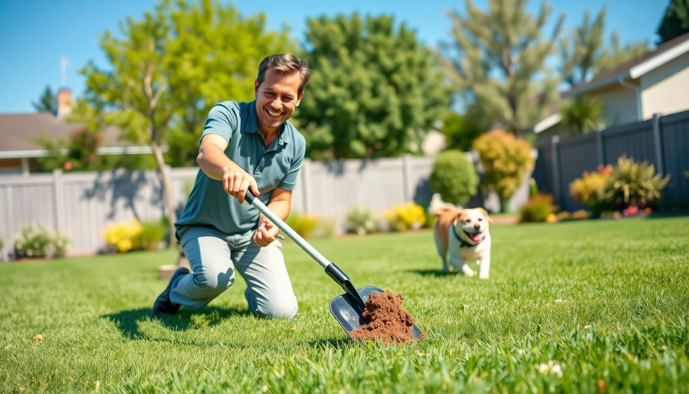 Dog owner cleaning up dog poop in the backyard with a pooper scooper.