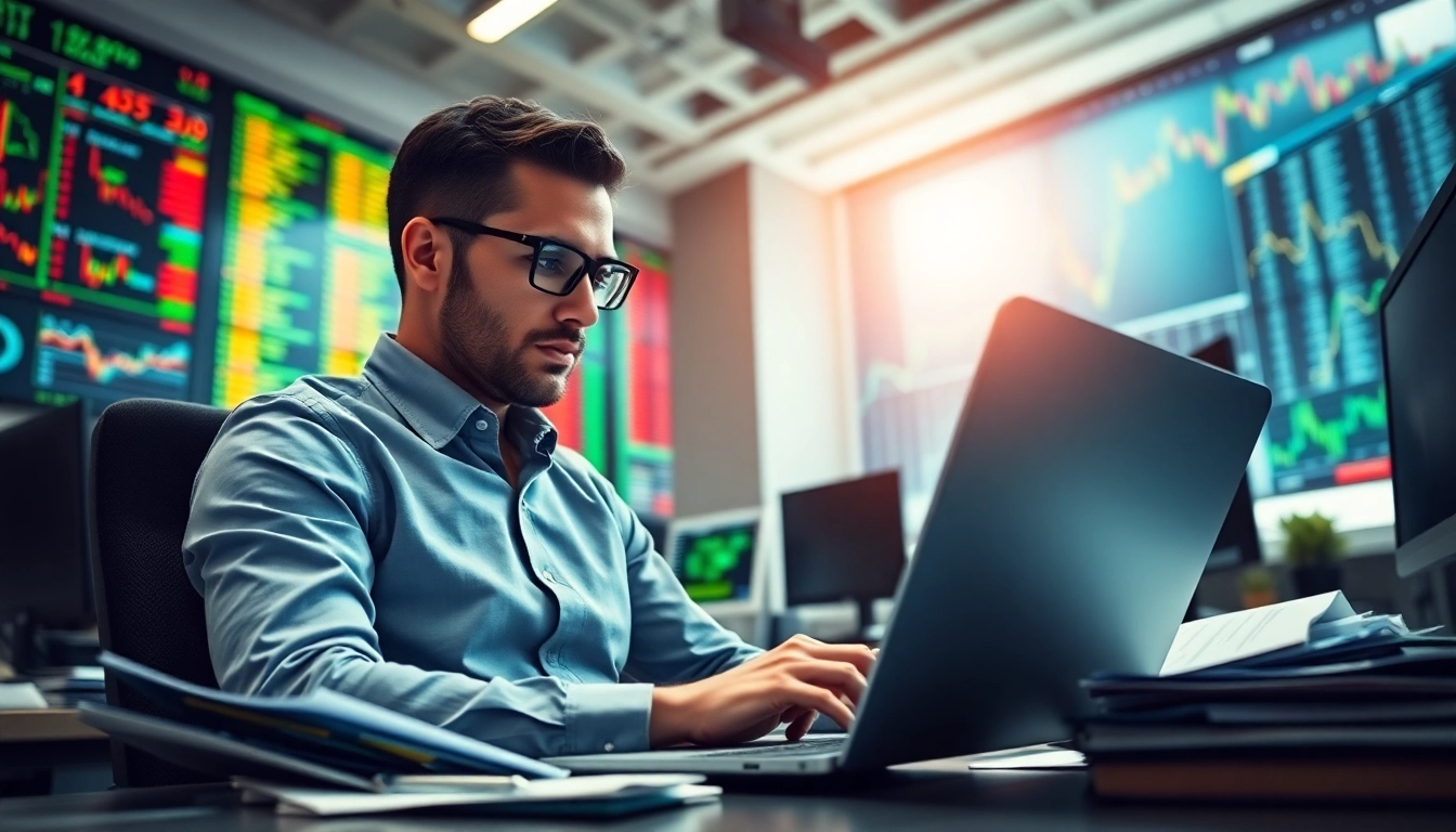 Stock picker evaluating market data in a modern financial office setting with vibrant charts.