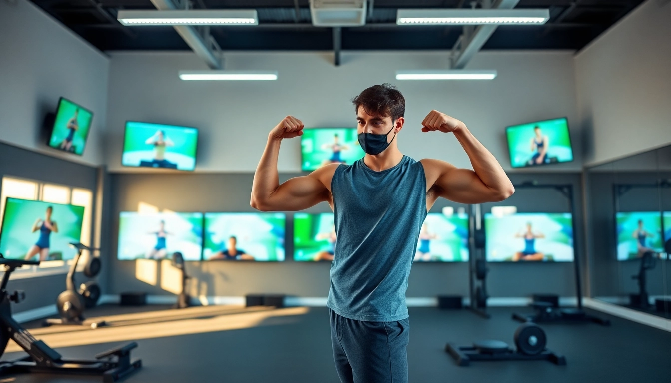 Engaging online gym training session led by a professional trainer showcasing dynamic exercises.