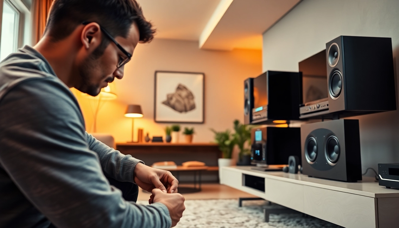 Home audio installation near me with a professional technician setting up a sleek audio system in a cozy living room.
