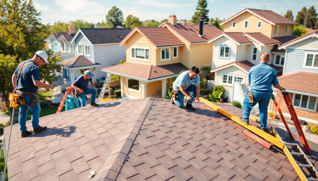 Find reliable local roofers near me working on a home in a sunny suburban setting.