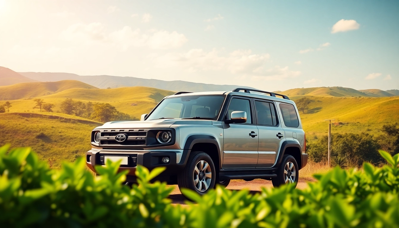 Rent a modern vehicle for car rental in Uganda against a beautiful landscape backdrop.