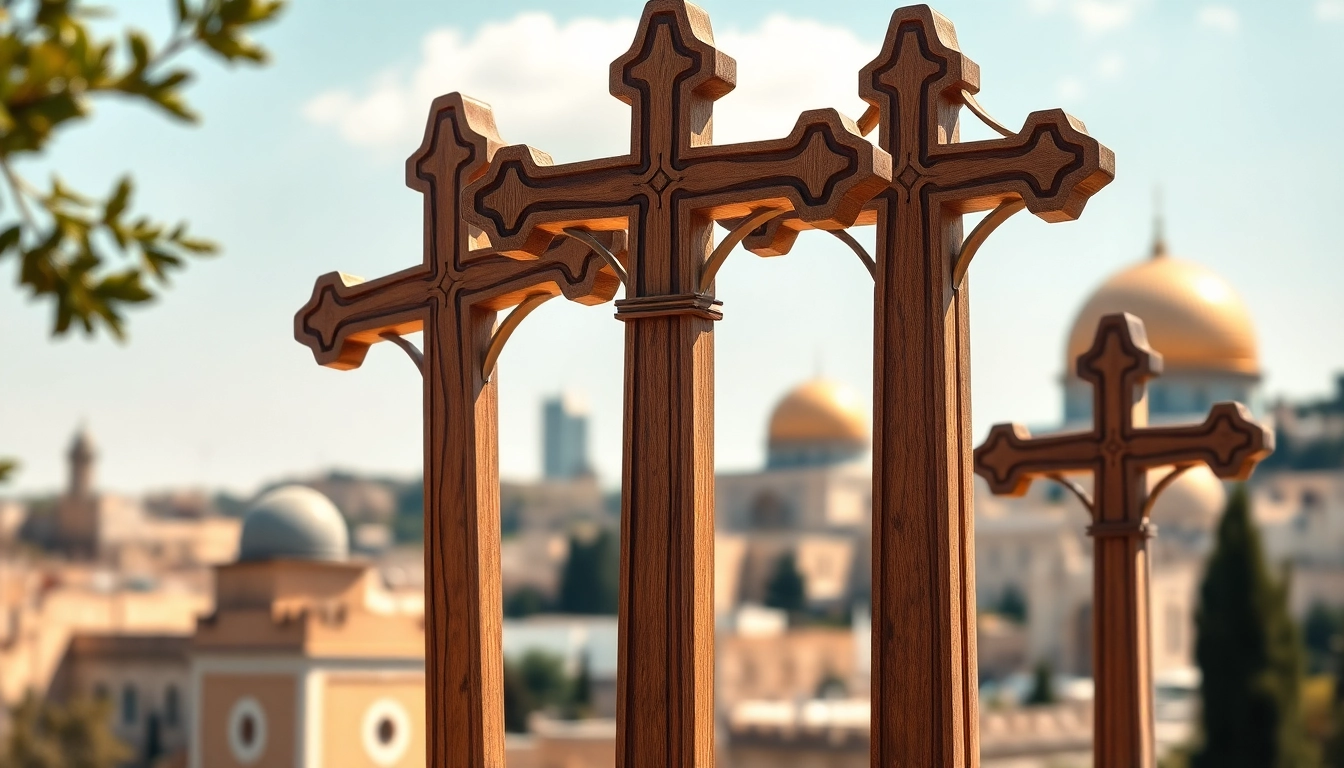 Admire beautifully crafted Jerusalem crosses made from olive wood, emphasizing their spiritual significance.