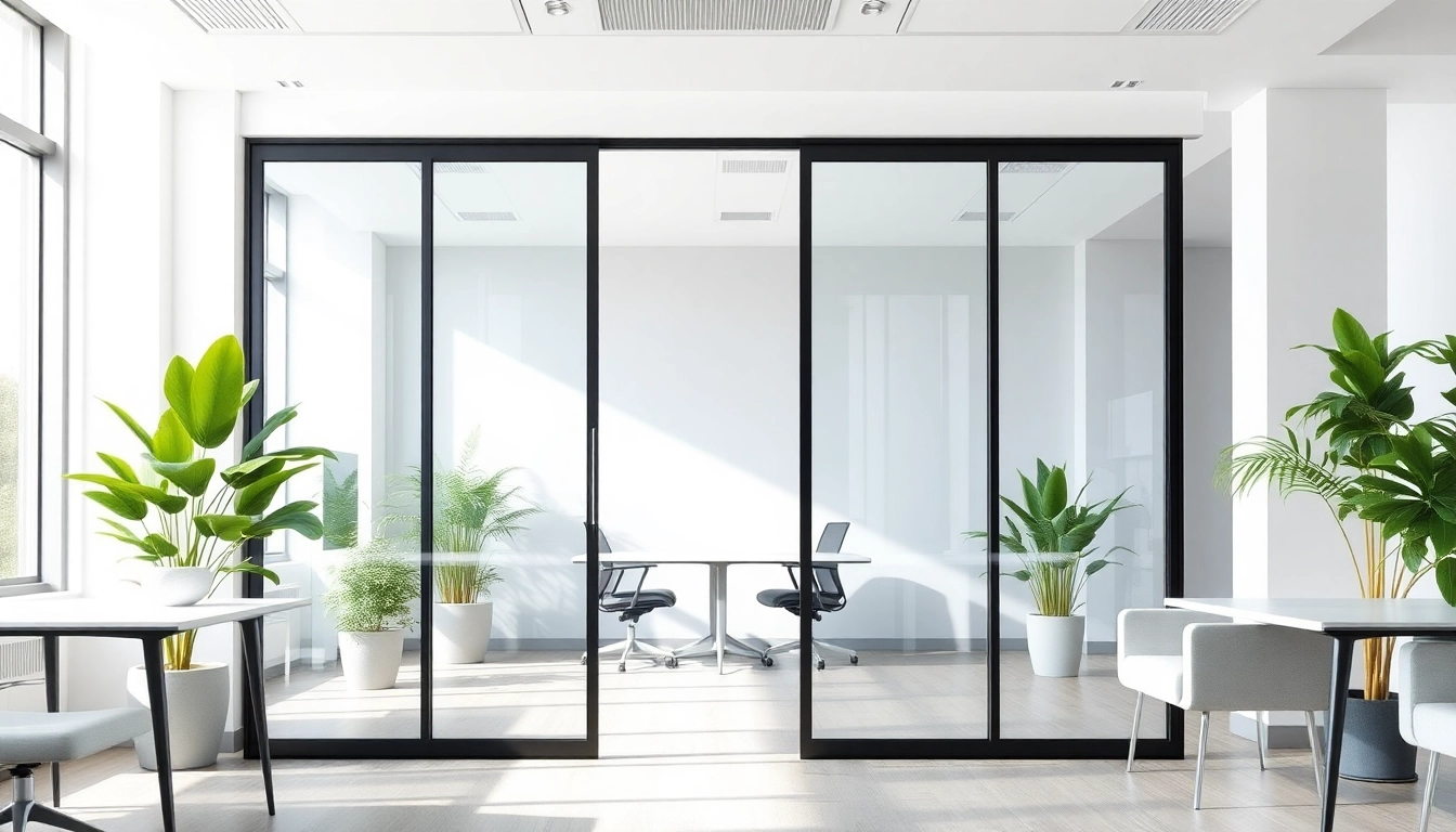 Showcasing a stylish sliding partition wall in a contemporary office environment.