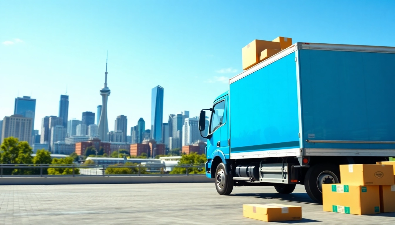 Moving company Canada operates a moving truck loading boxes against a vibrant skyline.
