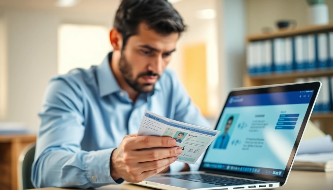 Verify document verification authenticity with a focused professional examining an ID in an office setting.