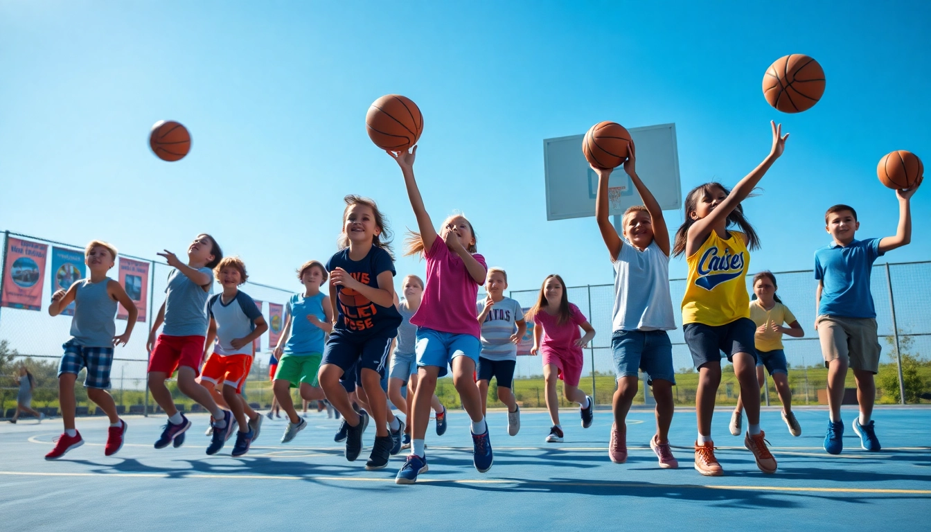 Young basketball enthusiasts practicing teamwork and skills on an outdoor court.