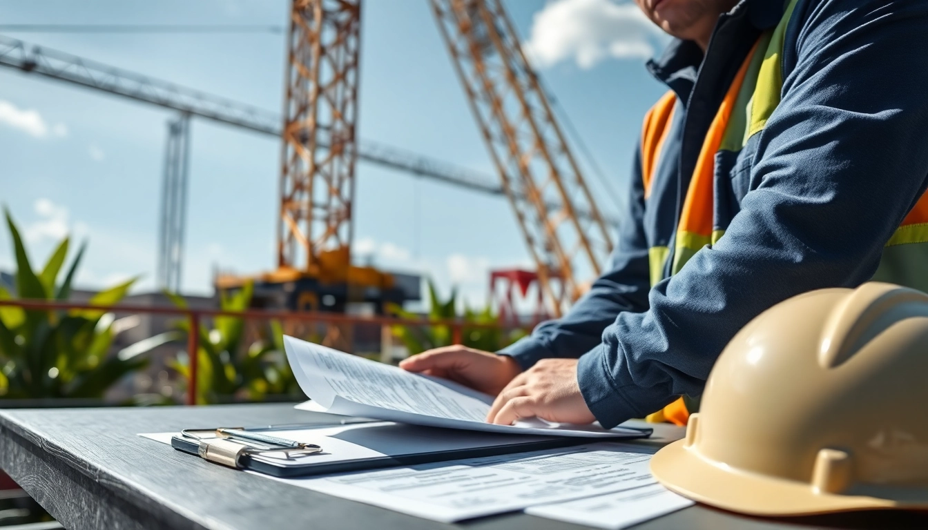 Reviewing NVQ Level 4 Crane supervisor answers documentation at a construction site with a crane in the background.