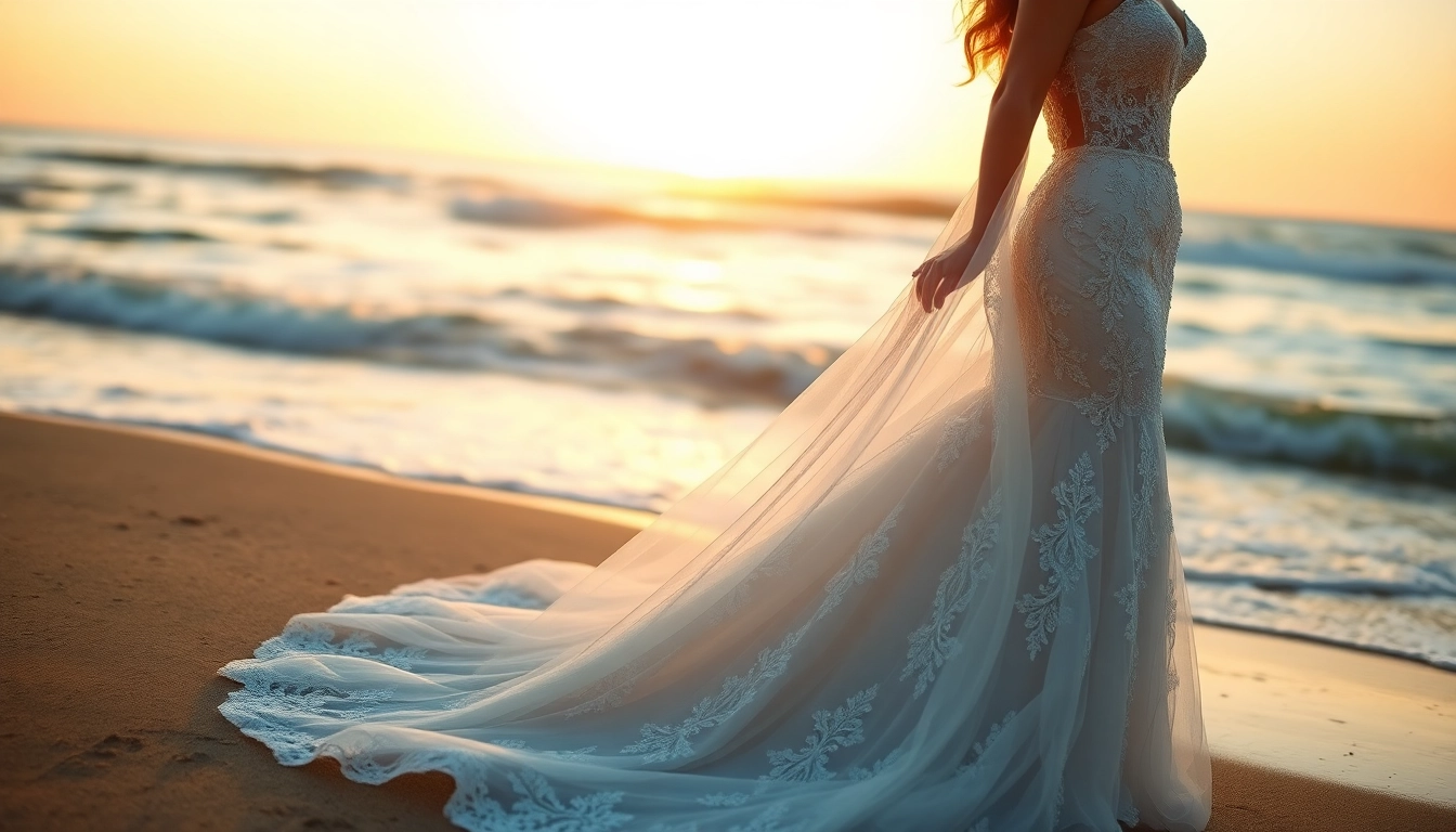 Model showcasing a stunning mermaid wedding dress set against a beach sunset.