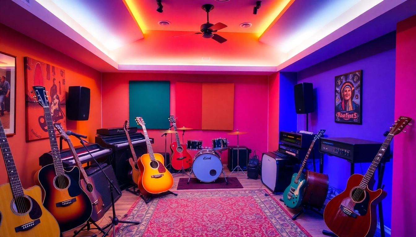 Engage with 汽水音乐官网, showcasing a vibrant music studio filled with colorful instruments and warm lighting.