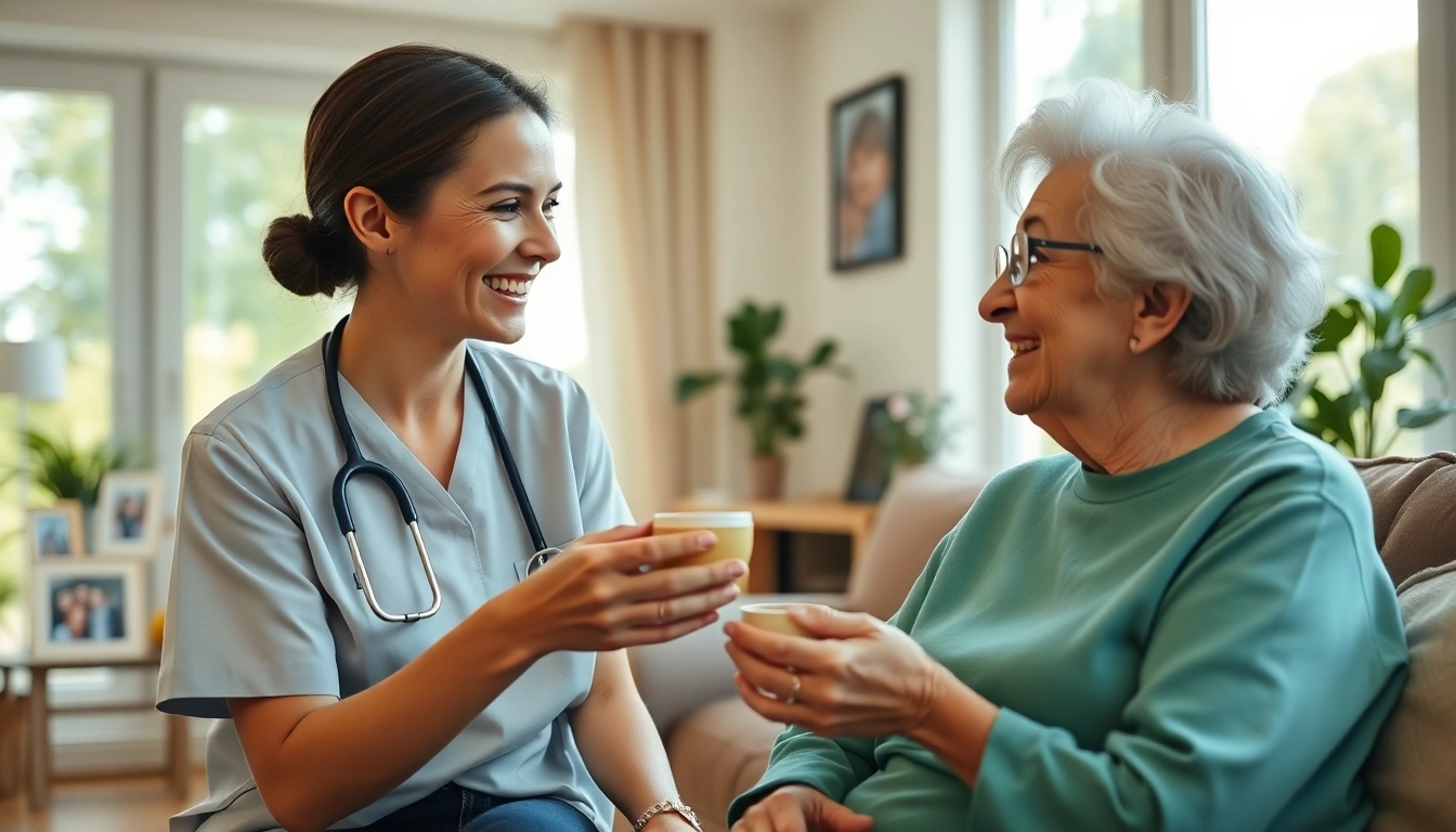 Engaging caregiver providing austin senior home care service to an elderly woman in a warm living room.
