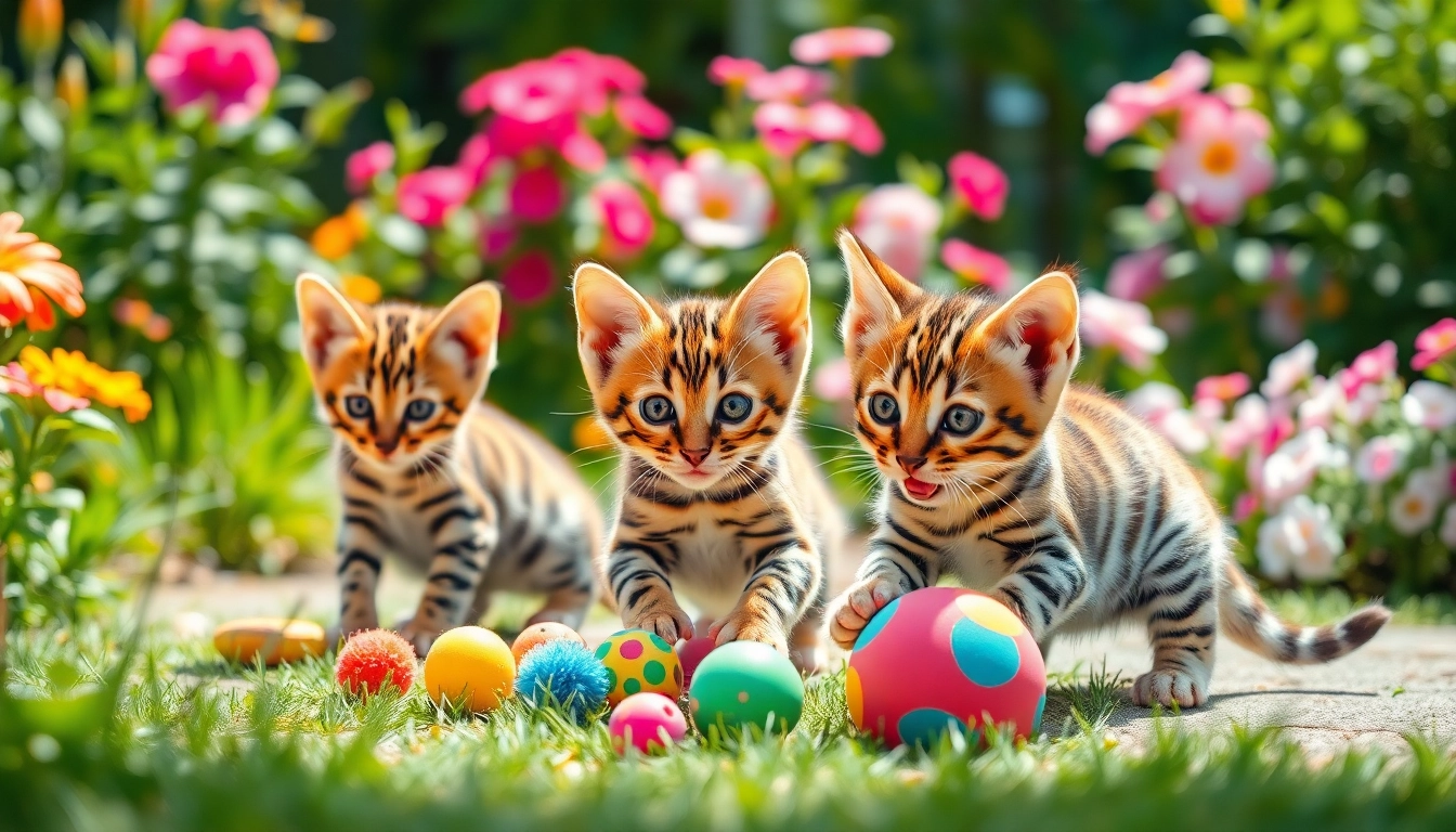 Playful Bengal Kittens for Sale in a garden, showcasing their unique patterns and vibrant energy.