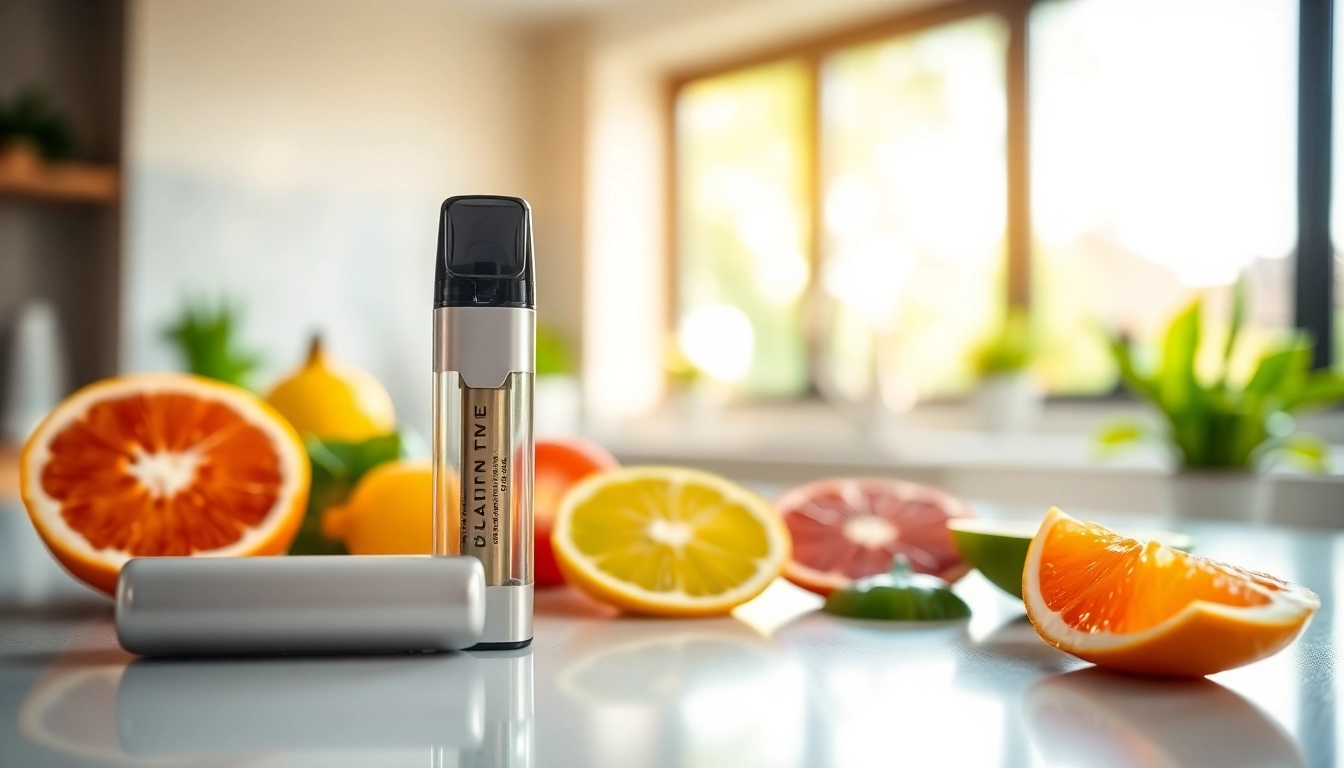 Showcase a nicotine free disposable vape amidst colorful fruit, emphasizing a healthy vaping lifestyle.