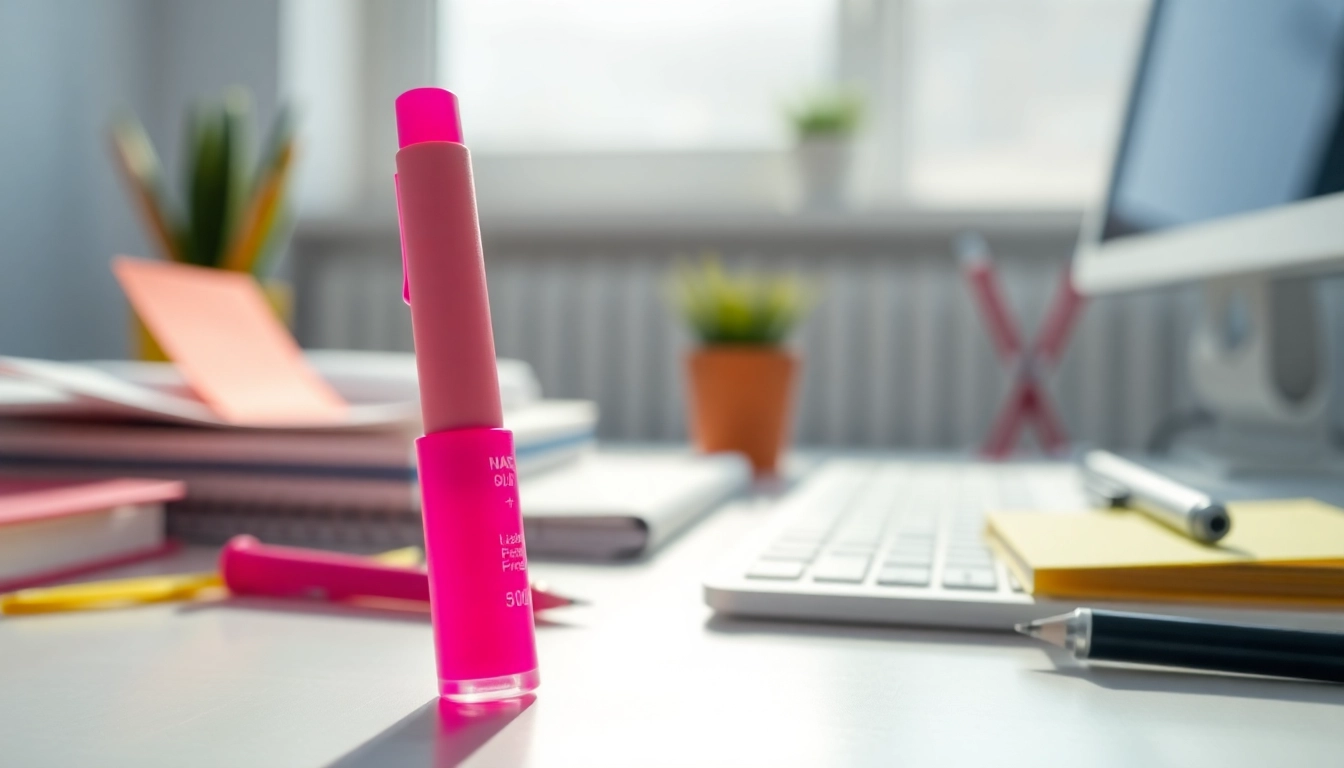 Highlight your notes effectively with a pink highlighter pen amidst vibrant stationery.