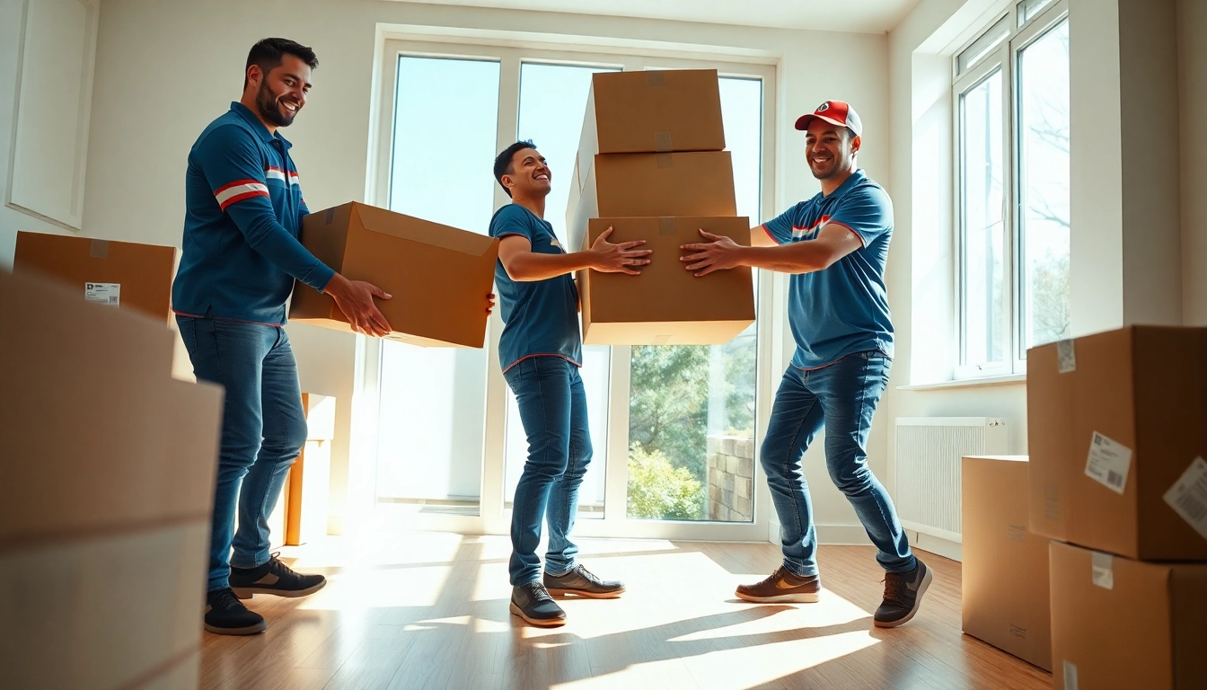 Experienced Queens movers carefully handle boxes in a sunny apartment, showcasing their professionalism and teamwork.