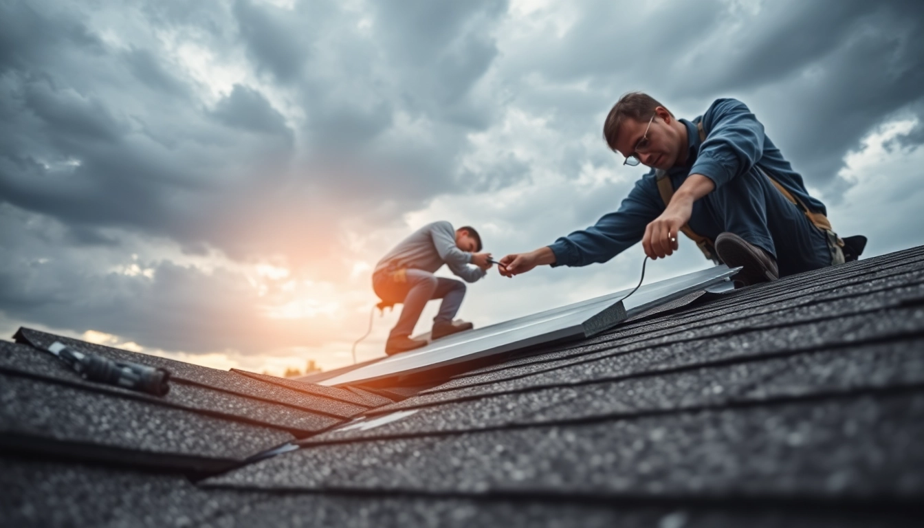 Emergency roof repair Texas services being performed on a residential building by a technician.
