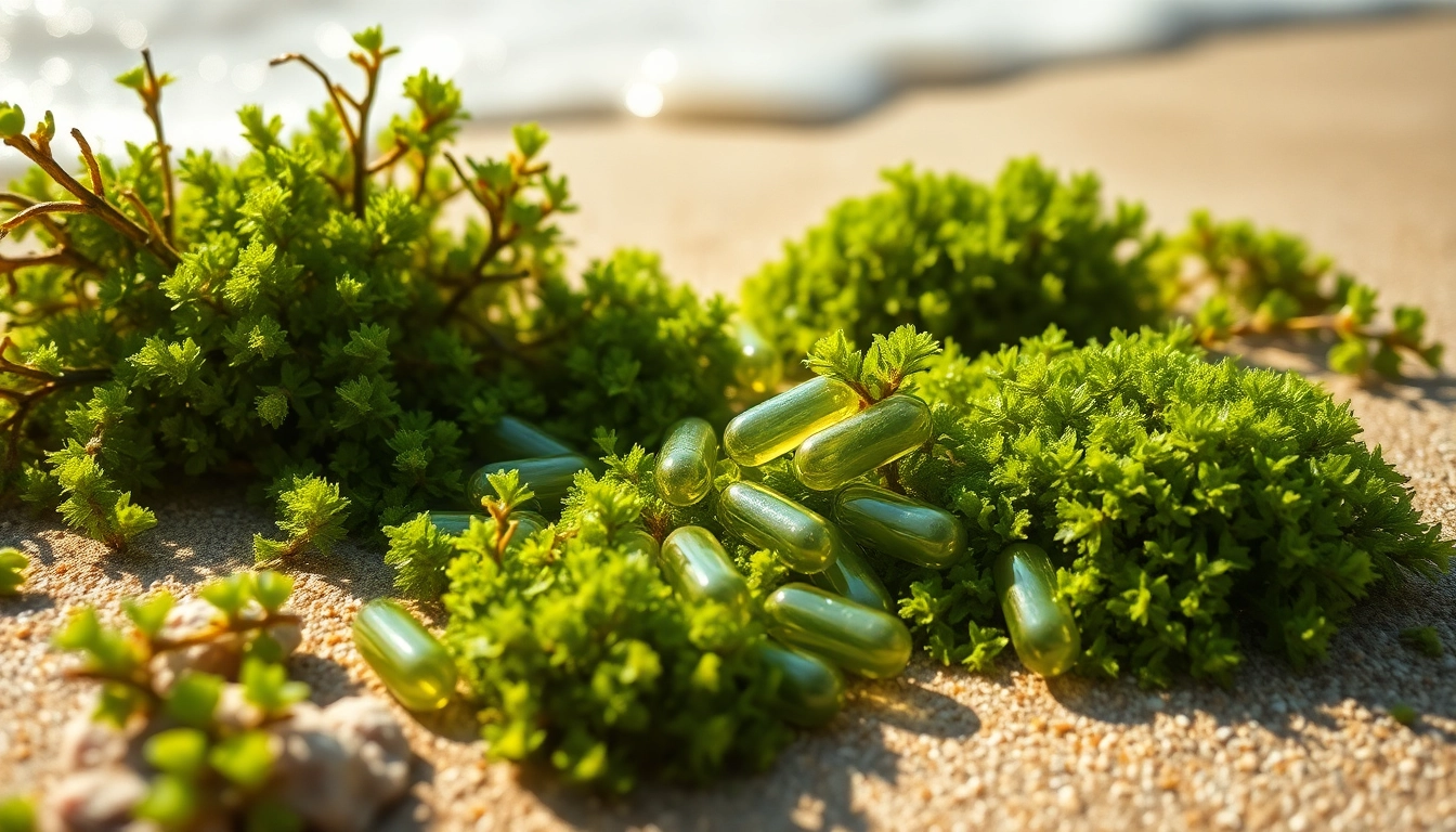 Showcasing Irish sea moss capsules among fresh seaweed, promoting health benefits.