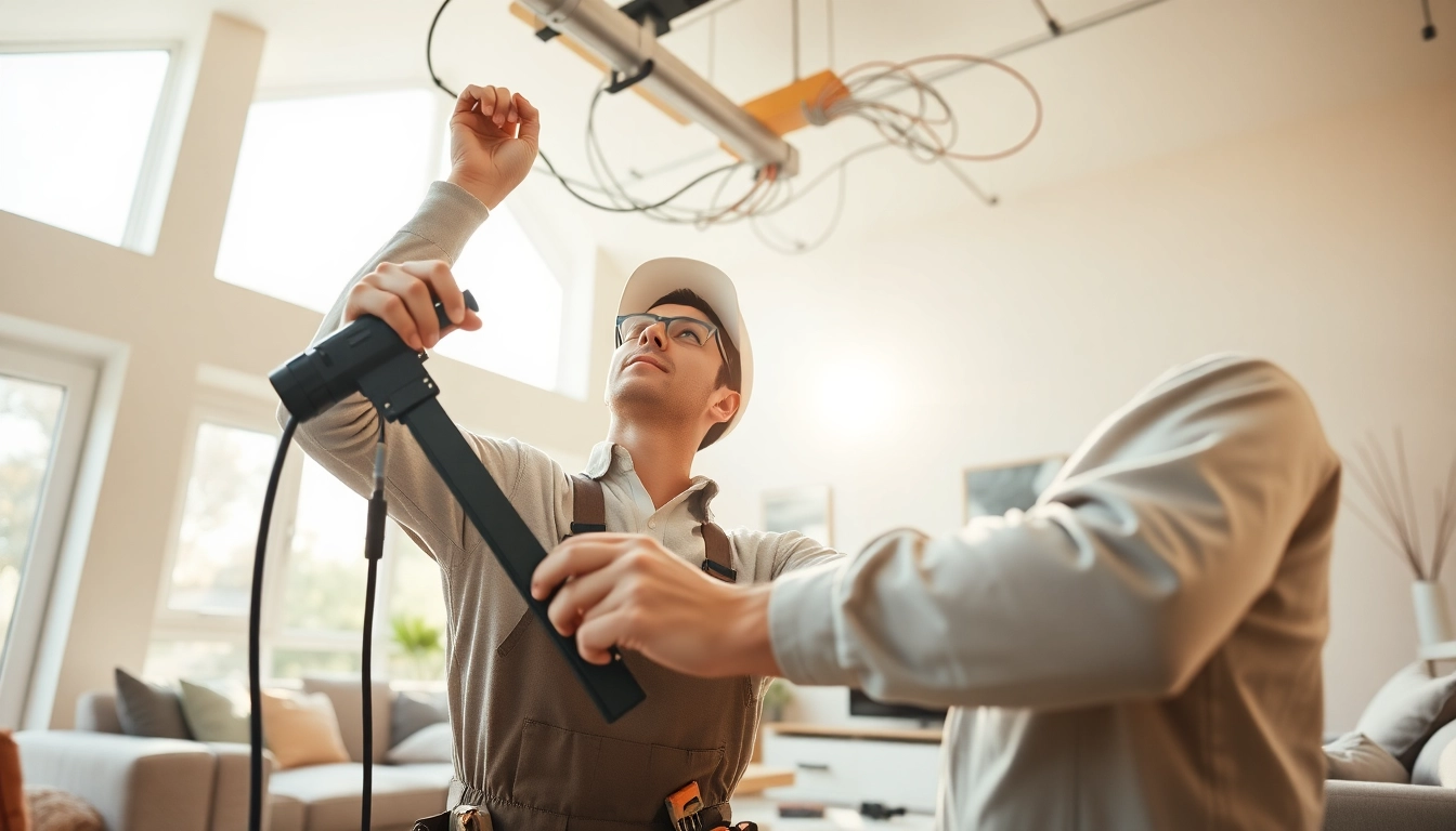 Electrician installing energy-efficient lighting systems in a modern home setting.