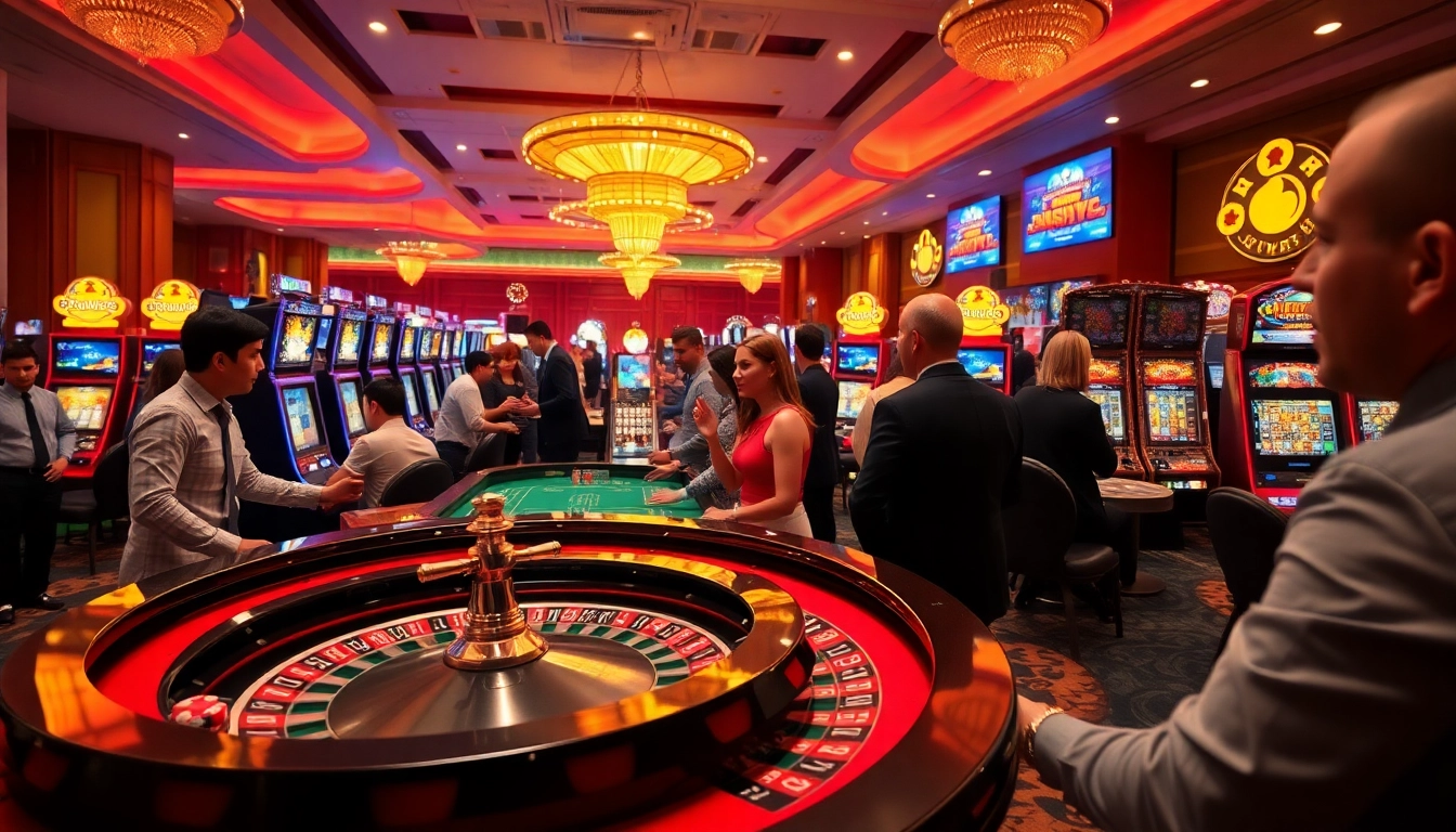 Players enjoying games at TPower casino with vibrant atmosphere and casino tables in view.