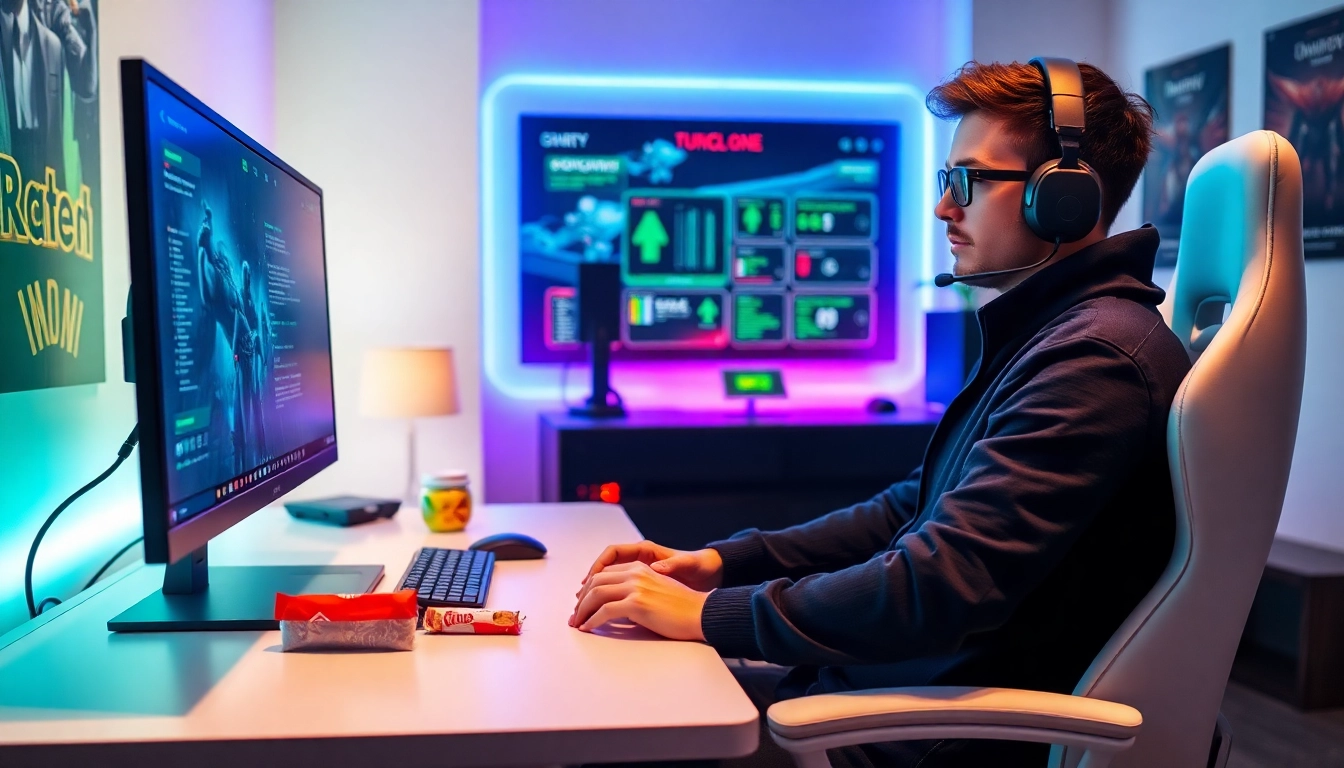 Gamer utilizing dma cheats in an immersive gaming setup with LED lights and strategic focus.