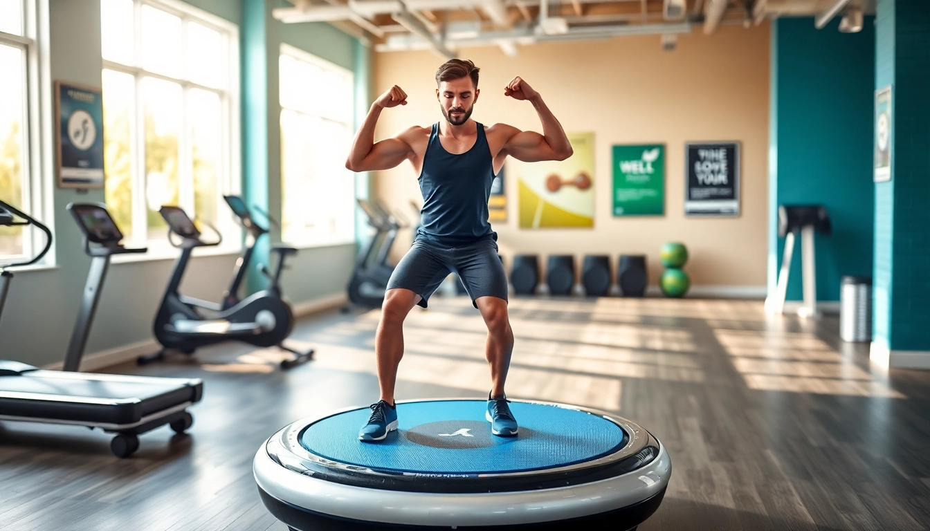Instructor showcasing whole body vibration therapy on a modern vibrating platform in a fitness studio.