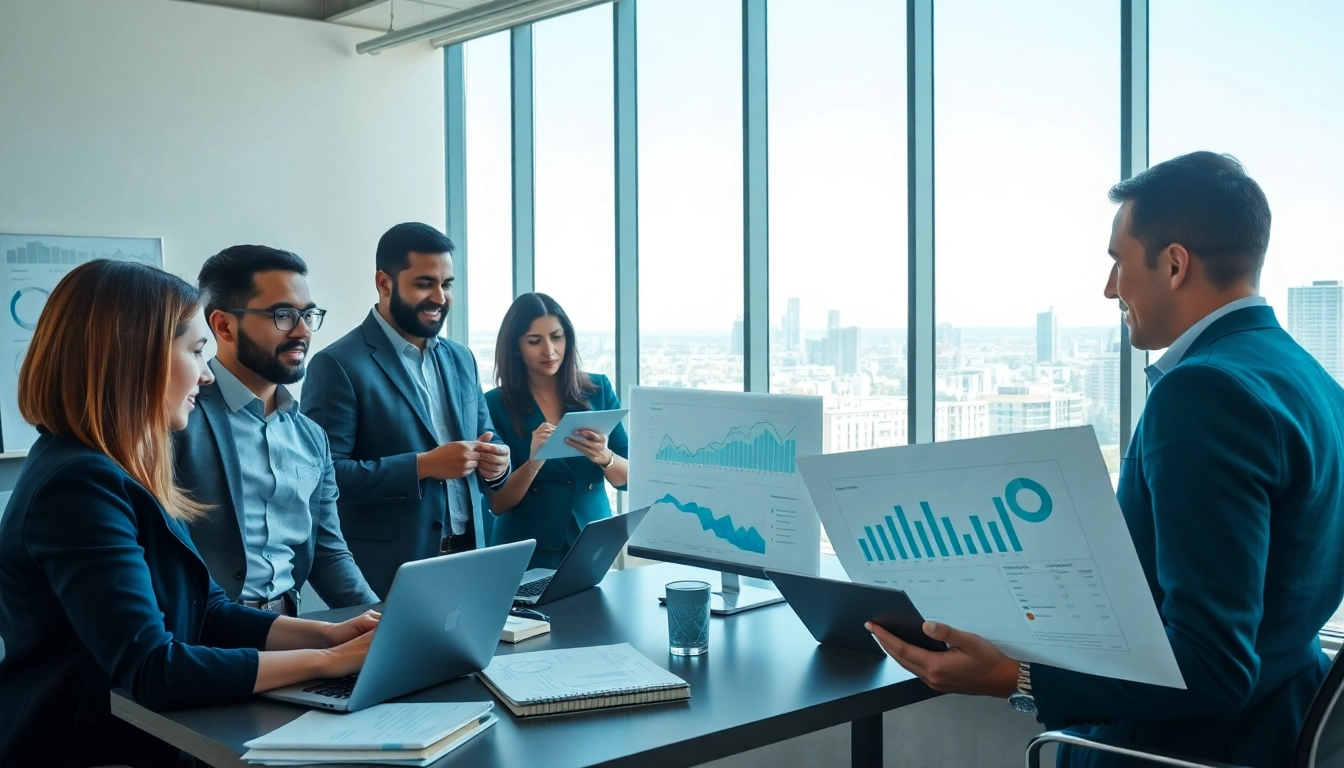 Analyze competitive intelligence insights with a collaborative business team in a modern office.