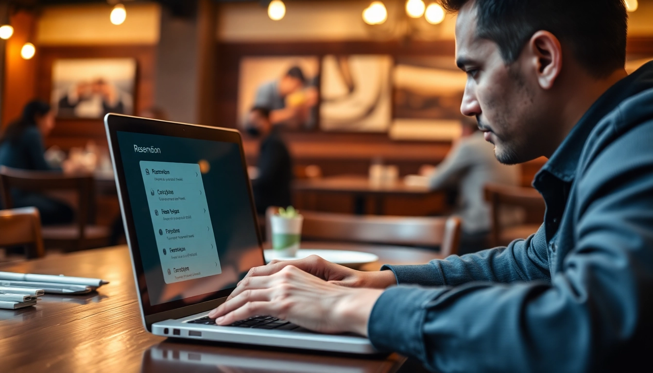 Engage with Reservation Services on a laptop within a cozy restaurant setting.