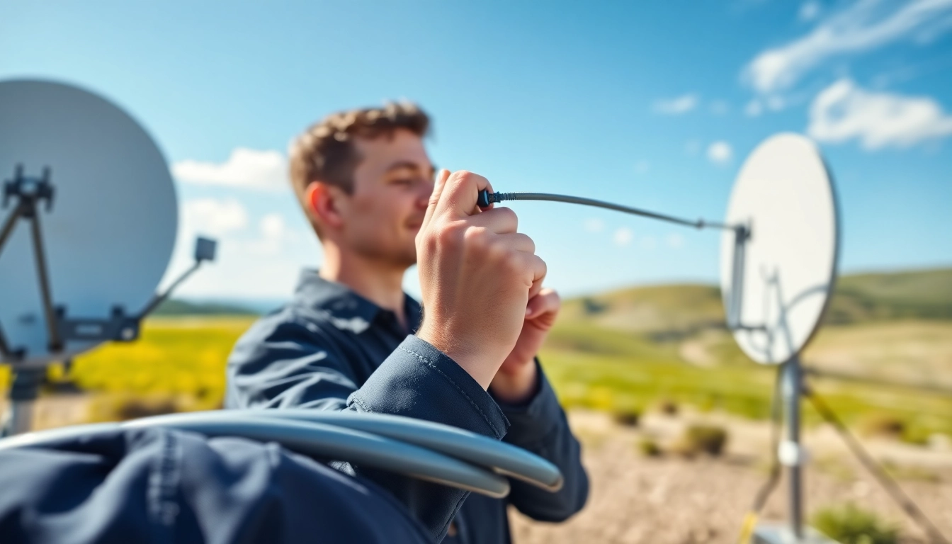 Install a starlink mini 12v cable in an outdoor setting while connecting to a satellite dish.